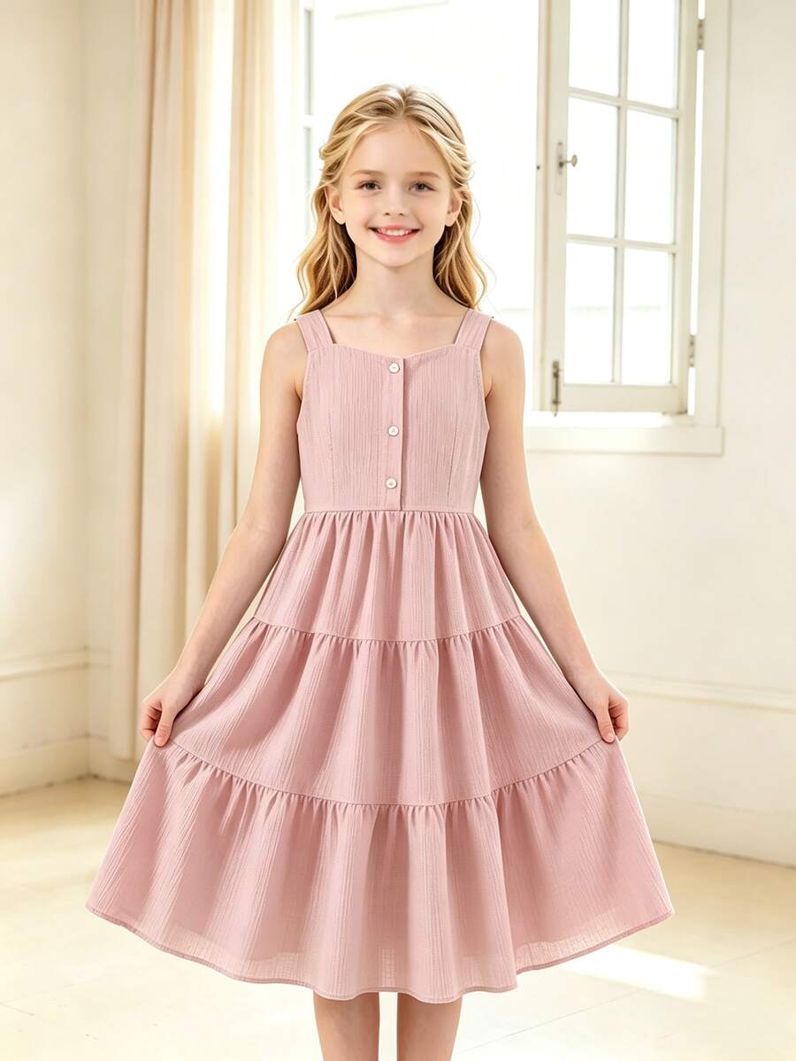 Left Mama Girls' Elegant Sweet Spaghetti Strap Backless Bow Tie Dress, Suitable For Beach & Holiday In Summer - Pink - View 1
