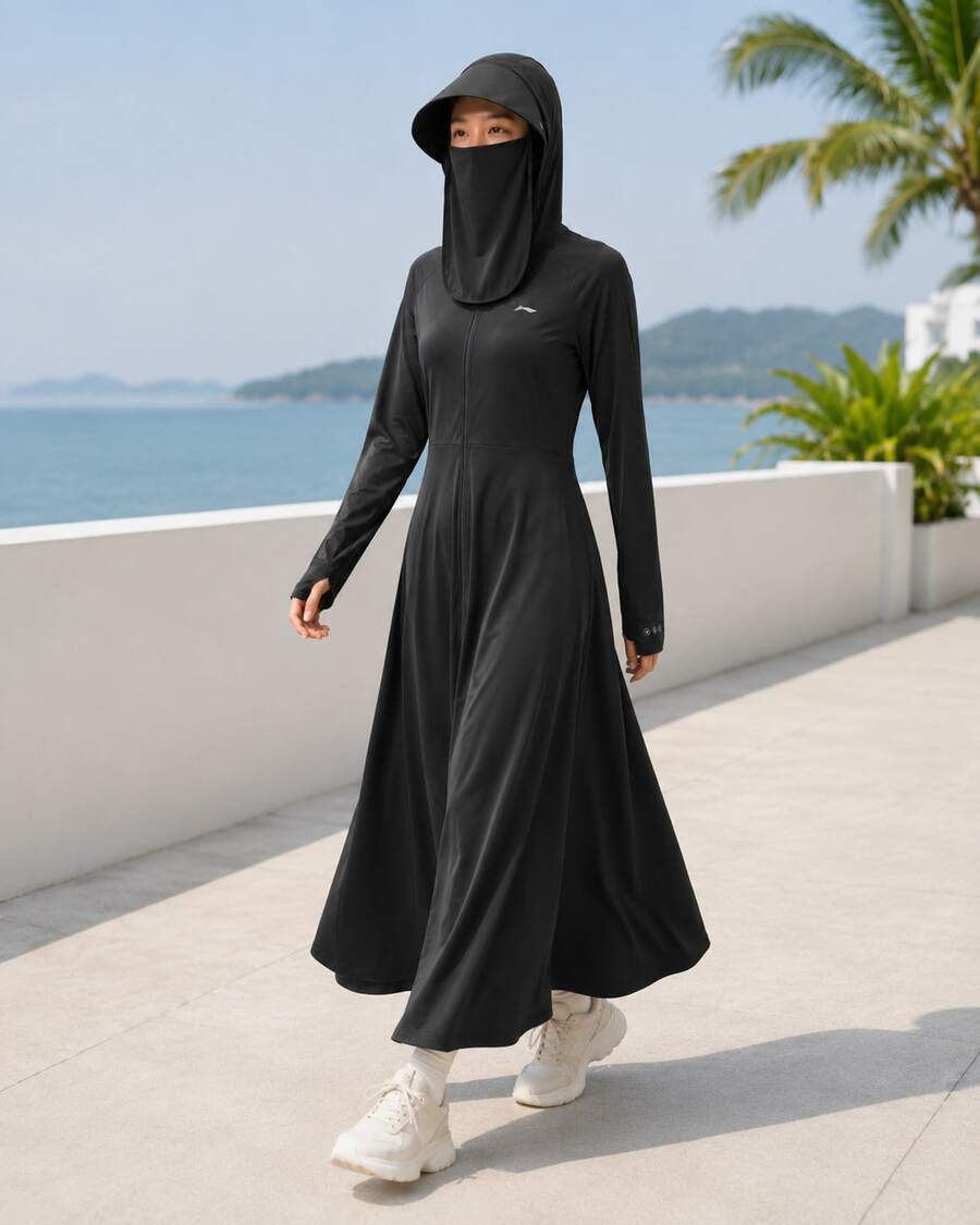 Li-Ning Women's UPF50+ Full Coverage Hooded Ice-Cooling Long Sun Protection Dress ASKV434 - Black - View 1