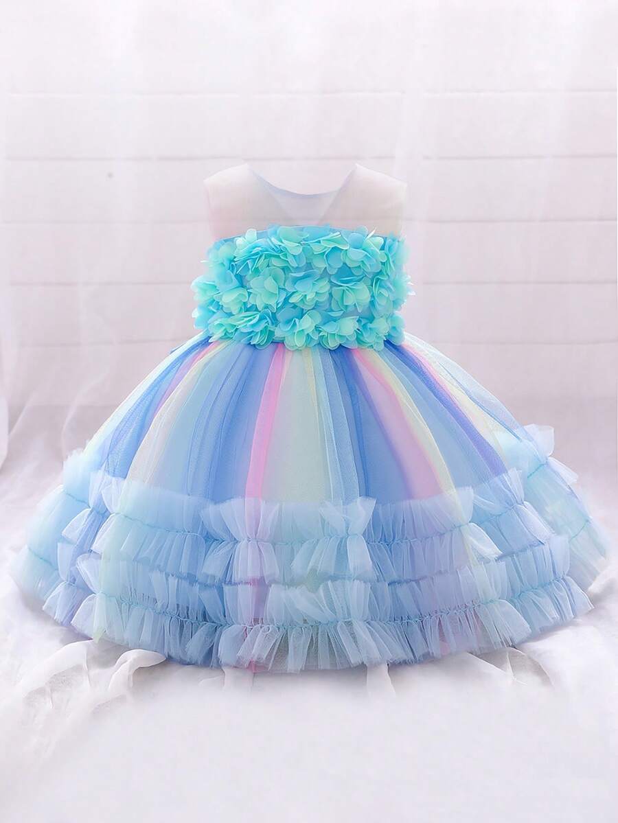 女嬰圓領 3D 花朵夢幻彩色薄紗可愛花童泡泡袖洋裝,適合婚禮、生日派對、假日,不含髮箍 - 淺藍色 - 查看 1