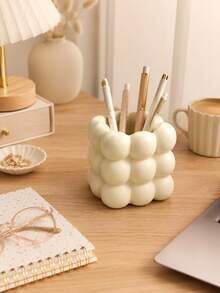 1pc Cute Bubble Design Makeup Storage Box, Compact Makeup Brush Holder, Vanity Tabletop Makeup Tool Rack, Suitable For Makeup Brushes, Eyebrow Pencils, Eyeliner, Lip Liners And Nail Art Tools, Powder Cream Color Desktop Decoration, Suitable For Women And Girls - New Model - View 9