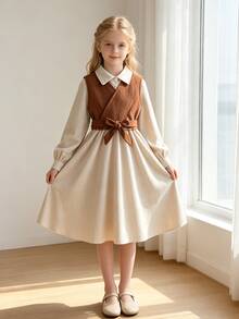 Left Mama Girls Elegant Minimalist School Style Collared Long Sleeve Dress With Matching Vest Top Set, Suitable For Spring And Autumn - Beige - View 1