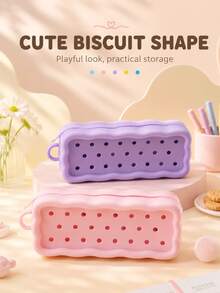 1pc Cute Back To School Pencil Case, Solid Color Perforated Round Holes & Wavy Edge Design, Rectangular Zipper Silicone Pencil Pouch With Carrying Loop, Large Capacity Stationery Storage Bag, Essential For Students Campus And Daily Use - Multicolor - View 4