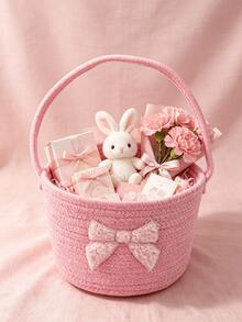 1pc Pink Bow Foldable Storage Basket With Handle, Convenient Storage Bin For Home Dorm Room Organization, Perfect Gift Bouquet Holder Container - Multicolor - View 8