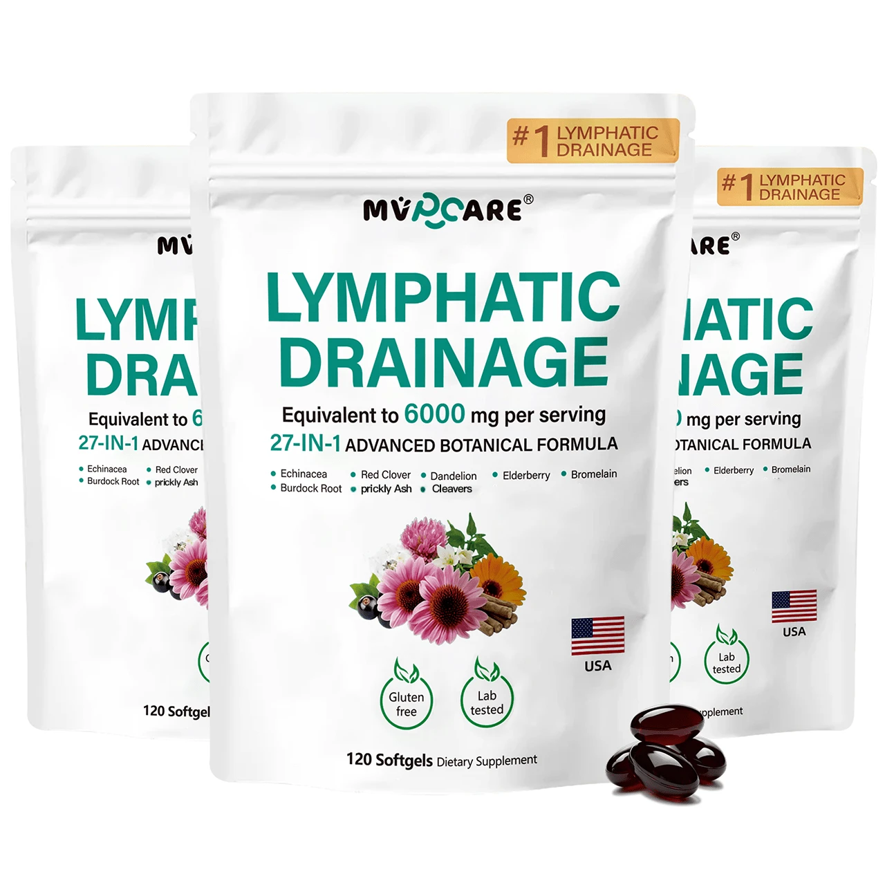 MVPCARE Drenaje Linfático 6000mg – 27 en 1, 120 Cápsulas. Alivia el edema y la fatiga, activa el metabolismo y mejora la circulación linfática. Suplemento integral para tu bienestar diario. - Paquete de tres piezas - Ver 1