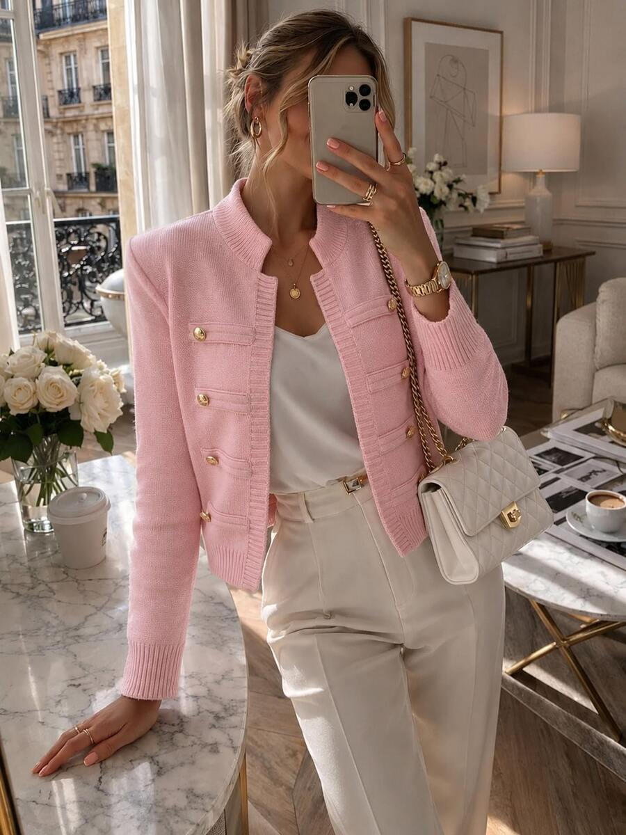 UNTUK KECANTIKAN Cardigan Wanita Musim Gugur/Dingin Y2K Pink Jaket Rajut Kancing Metalik Pakaian Liburan Elegan untuk Perjalanan Atasan Pendek Manis dan Imut - berwarna merah muda - View 1