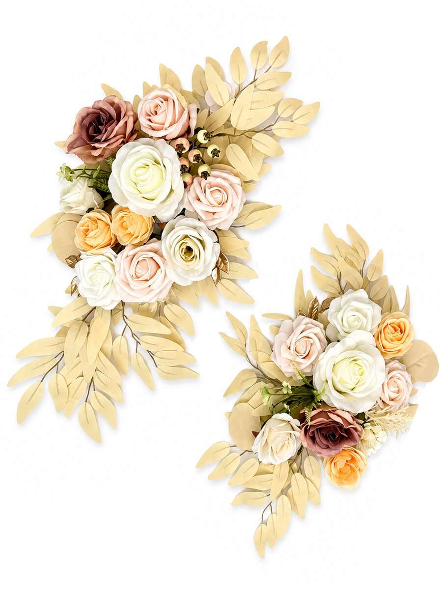 2件組/婚禮生日拱門花飾，鄉村風仿真花裝飾，綠葉玫瑰牡丹門飾花環，家居裝飾，牆面裝飾，週年紀念裝飾，派對生日母親節畢業季禮物家居裝飾用品
