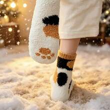 5 Pairs Women's Thick Warm Cat Paw Pattern Socks, Comfortable Breathable Coral Stripe Cute Design Floor Socks, Suitable For Cold Weather - Crew Socks - View 5