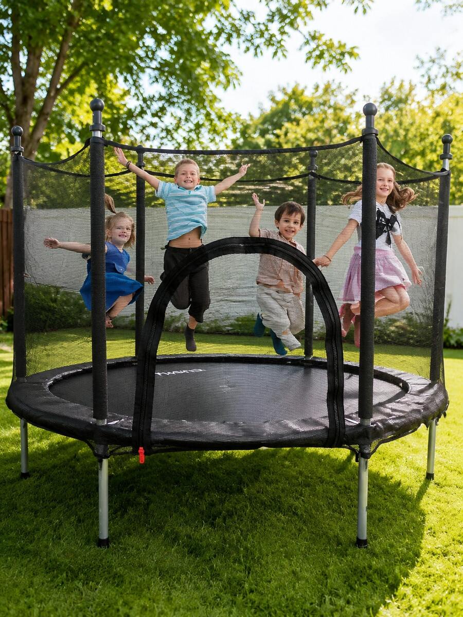 DMA Trampolín Infantil con Red, Brincolín para niños desde 5 años, Lona de salto negro con malla y cama de resortes, apto para interiores y exteriores - Negro - Ver 1