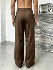 Spring/Autumn Vintage Pleated Wide Leg Suit Pants With Adjustable Waist, Draping Fabric, Men's Minimalist Versatile Long Trousers - Brown - View 4