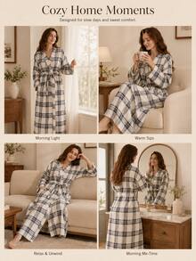 1 pieza Bata de baño para mujer, ropa de estar en casa de estilo europeo minimalista de manga larga, ropa de casa de unicolor ligera para invierno, primavera y otoño, uso en el baño, temporada de regreso a la escuela - Multicolor - Ver 5