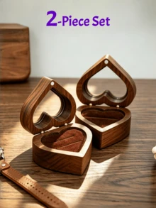 Wooden Jewelry Box, Black Walnut Engagement Ring, Necklace, Earring Storage Box, Vintage - Heart-shaped - White Lining - With Window - View 16