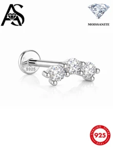 AnlaScheer 1pc 925 Sterling Silver Plated 18K Gold Exquisite Classic Single Row Moissanite Flat Back Piercing Stud Earrings, Women's Style, Suitable For Daily Wear, Party Gift - Silver - View 1