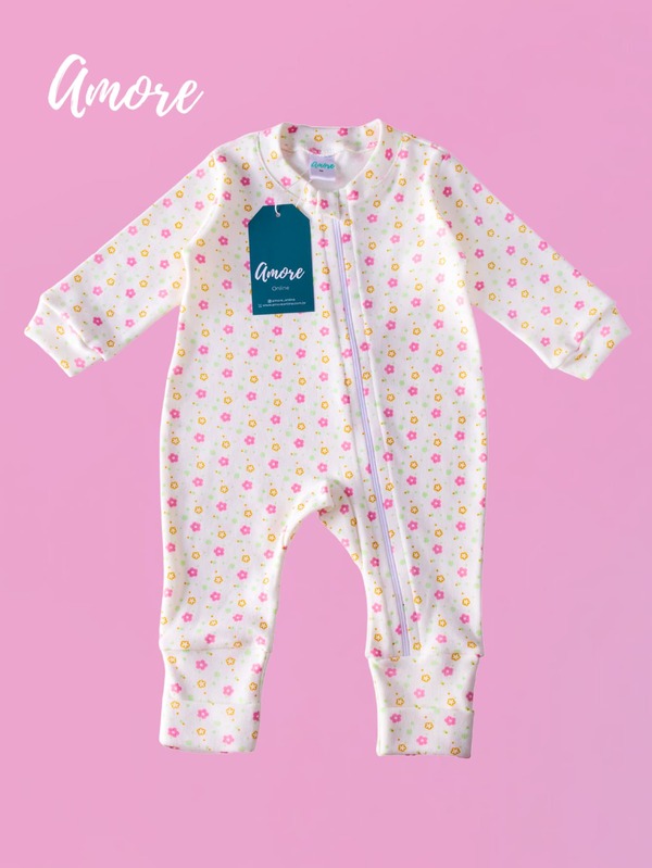 Macacão Bebê Vira Pé com Zíper e Protetor Floral 100% Algodão