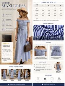 Women's Striped Single-Breasted Off-Shoulder Casual Dress - Blue - View 8