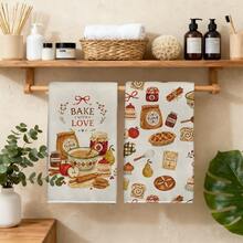 2件裝烘焙主題「BAKE WITH LOVE」圖案廚房抹布，40*60cm 柔軟超細纖維材質茶巾，適用於居家廚房、餐廳、戶外露營桌面清潔，洗碗布手巾配件，鄉村風廚房節日禮物 - 彩色 - 查看 10