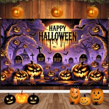 1pc Purple-Toned Full Moon Cemetery Halloween-Themed Banner, Made Of Polyester Material, Suitable For Halloween, Script Killing Venues, Store Settings, Escape Room Settings, Store Decoration, Festival Parties, And General Themes. - A - View 4