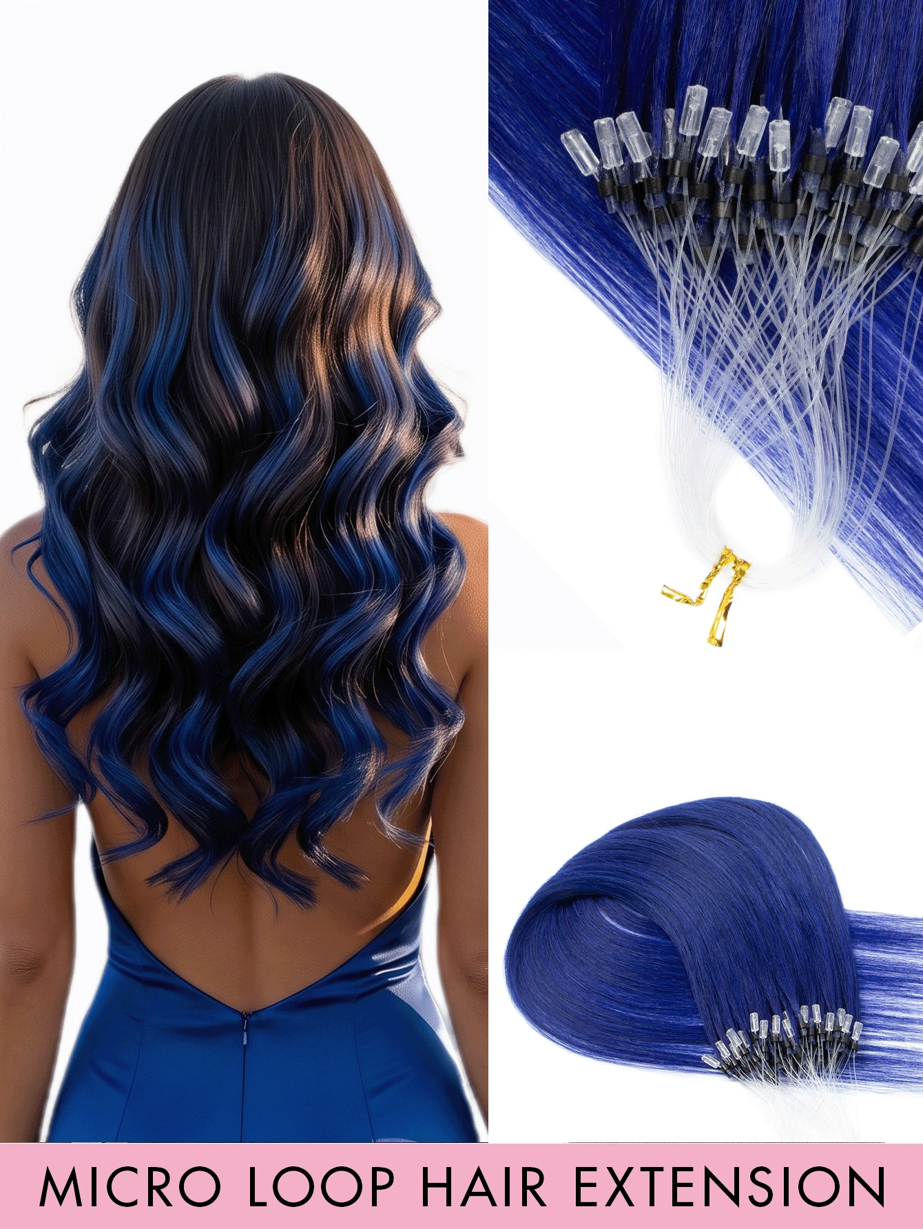 50 Strands Micro Ring Hair Extensions, Pop-Up Highlight Straight Human Hair, Micro Ring Hair Extensions Straight Highlight, Holiday Concert Accessory, Summer Travel Vacation Essential - SBlue - View 1