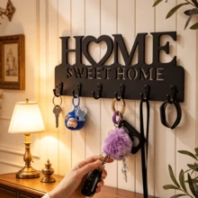 1pc Entryway Wall-Mounted Key Hook Rack | Stylish Wooden Home Storage Organizer | Decorative Wall Hanging Key Holder | Rustic Handcrafted Entryway Decor | Modern Minimalist Space-Saving Display Stand - Sweet Home - View 4