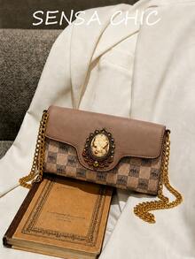 Two-Tone Rectangular Chain Bag, Plaid Fabric Patchwork PU Flap Bag With Embossed Women's Portrait, Lightweight Crossbody Handbag, Suitable For Daily Wear - Khaki - View 1