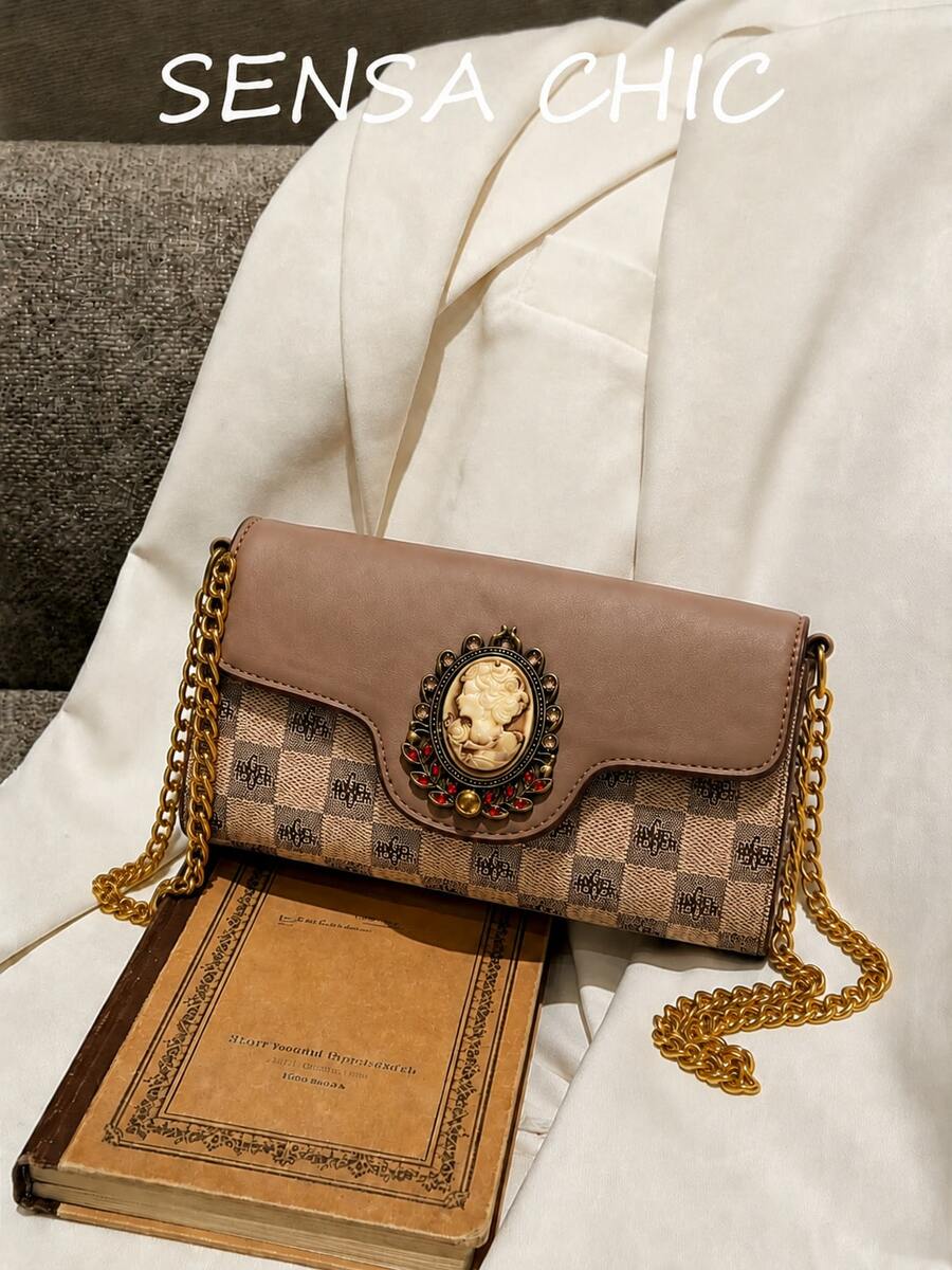 Two-Tone Rectangular Chain Bag, Plaid Fabric Patchwork PU Flap Bag With Embossed Women's Portrait, Lightweight Crossbody Handbag, Suitable For Daily Wear - Khaki - View 1