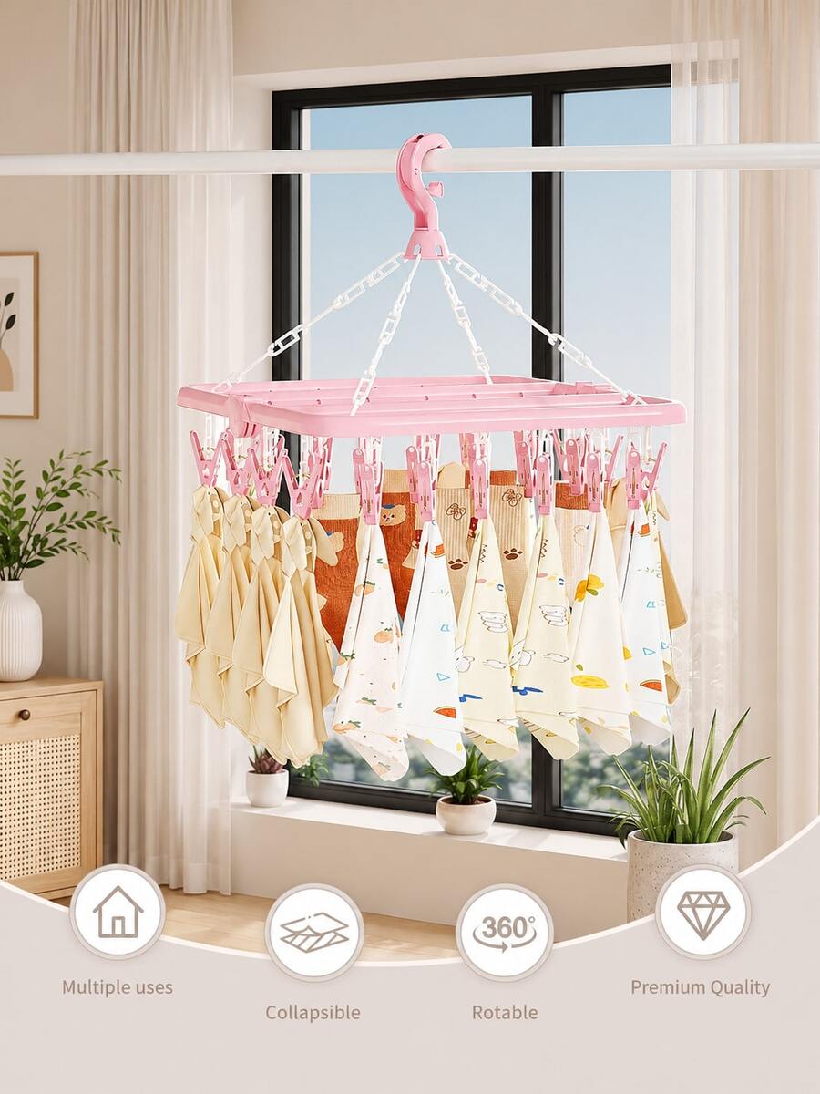 Rotating 32-Clip Plastic Clothes Drying Rack, 32-Clip Foldable Wind-Resistant Drying Rack - Space-Saving Foldable Hanger, Ideal For Socks, Underwear And Small Clothing Items, Perfect For Bedroom, Bathroom, Closet
