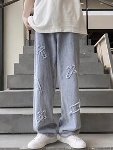 jeans hombre pantalones de hombre mezclilla Jeans de mezclilla azul claro con bordado de relámpago y cruz desgastado, estilo emo - Lavado ligero - Ver 2