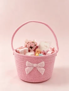 1pc Pink Bow Foldable Storage Basket With Handle, Convenient Storage Bin For Home Dorm Room Organization, Perfect Gift Bouquet Holder Container - Multicolor - View 5