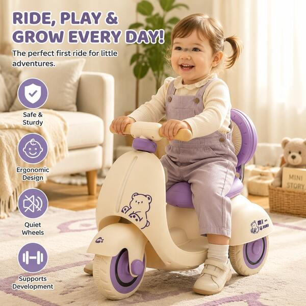 12V Kids Ride On Motorcycle Scooter With Parent Remote Control, 3-Wheel Stable Design & Wooden Handle. Slow Start-Stop System For Toddlers. Ideal First Birthday Gift Toy For 1-3 Year Old Boys & Girls