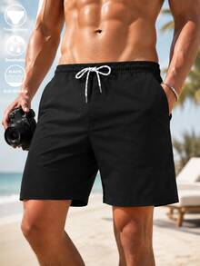Summer Trees Men's Summer Drawstring Waist Slanted Pocket Hawaiian Quick-Dry Double Layer Mesh Lining Shorts Black Fashion Casual Beach Vacation 3-Inch Shorts Swim Trunks - Black - View 2