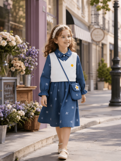 Autumn New Women's Little Girl Imitation Denim Bow Jacquard Lapel Dress White Ribbed Pattern 3D Flower Vest Outer Layer Matching Bag Loose Comfortable Breathable Waist-Cinched Color-Block Party Gift Photo Sweet Versatile Daily Campus Casual
