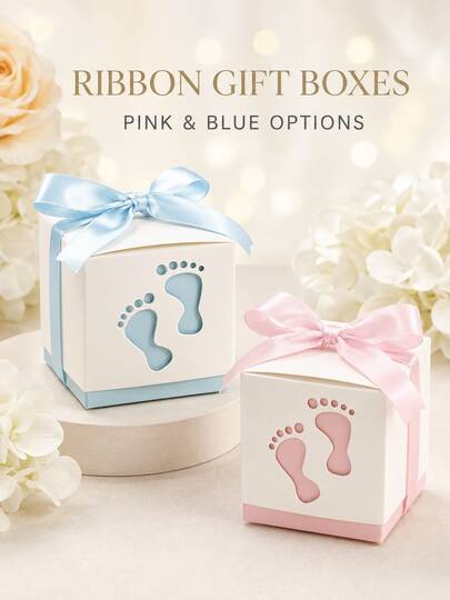 20pcs Pink & Blue Hollow Footprint Square Gift Boxes With Satin Bows, Sweet Macaron Pastel Tone Favor Boxes, Multi-Piece Mini Dessert Boxes For Gender Reveal Theme Party Candy Gift Packaging
