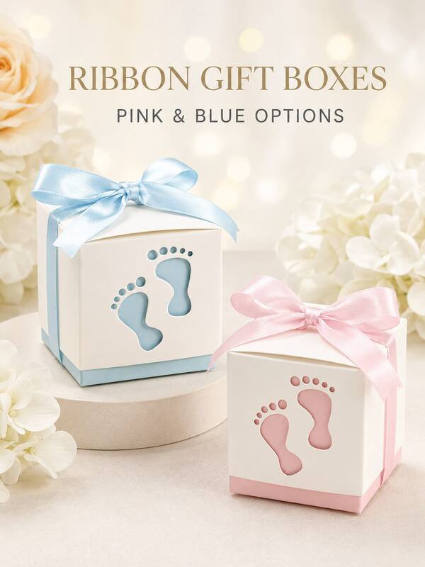 20pcs Pink & Blue Hollow Footprint Square Gift Boxes With Satin Bows, Sweet Macaron Pastel Tone Favor Boxes, Multi-Piece Mini Dessert Boxes For Gender Reveal Theme Party Candy Gift Packaging