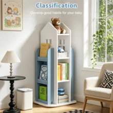 Free Standing Kids Rotating Bookshelf Castle Rack Display Bookcase Toys Storage Book Shelf For Living Room, Bedroom, Bookroom - Blue - View 2