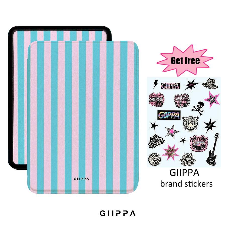 GIIPPA 1pc Pink & Blue Striped Kindle Protective Case With Hand Strap, Valentine's Day/Christmas Gift For Book Lovers, Auto Wake/Sleep E-Reader Protective Cover, Compatible With Kindle Paperwhite 5/6/7/10/11/12, Kindle Colorsoft 1st Gen, Basic Kindle 8/10/11 All Kids Edition And Signature Edition - Multi-color 23 - View 1