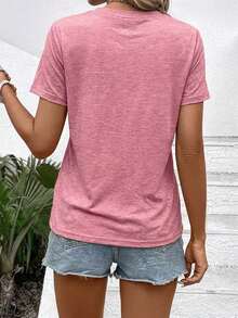 3pcs Women's Knitted V-Neck Short Sleeve Regular Length T-Shirts, Directional Print, Breathable And Soft - Pink+Black+Blue - View 6