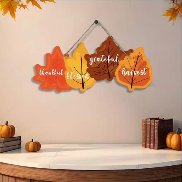 2D Flat Wooden Autumn Leaf Hanging Decor, Thanksgiving Farmhouse Decorative Sign "Gratitude . Blessing . Harvest" Vintage Home Kitchen Wall Art, Multi-Functional Artistic Decoration