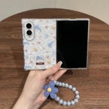 Korean Style Cute Blue & Pink Floral Pleated Transparent Phone Case With Flower Chain, Compatible With Samsung Galaxy Z Fold 8 Wide ZFold8 Back Cover - Transparent + Blue Flower Chain - View 4