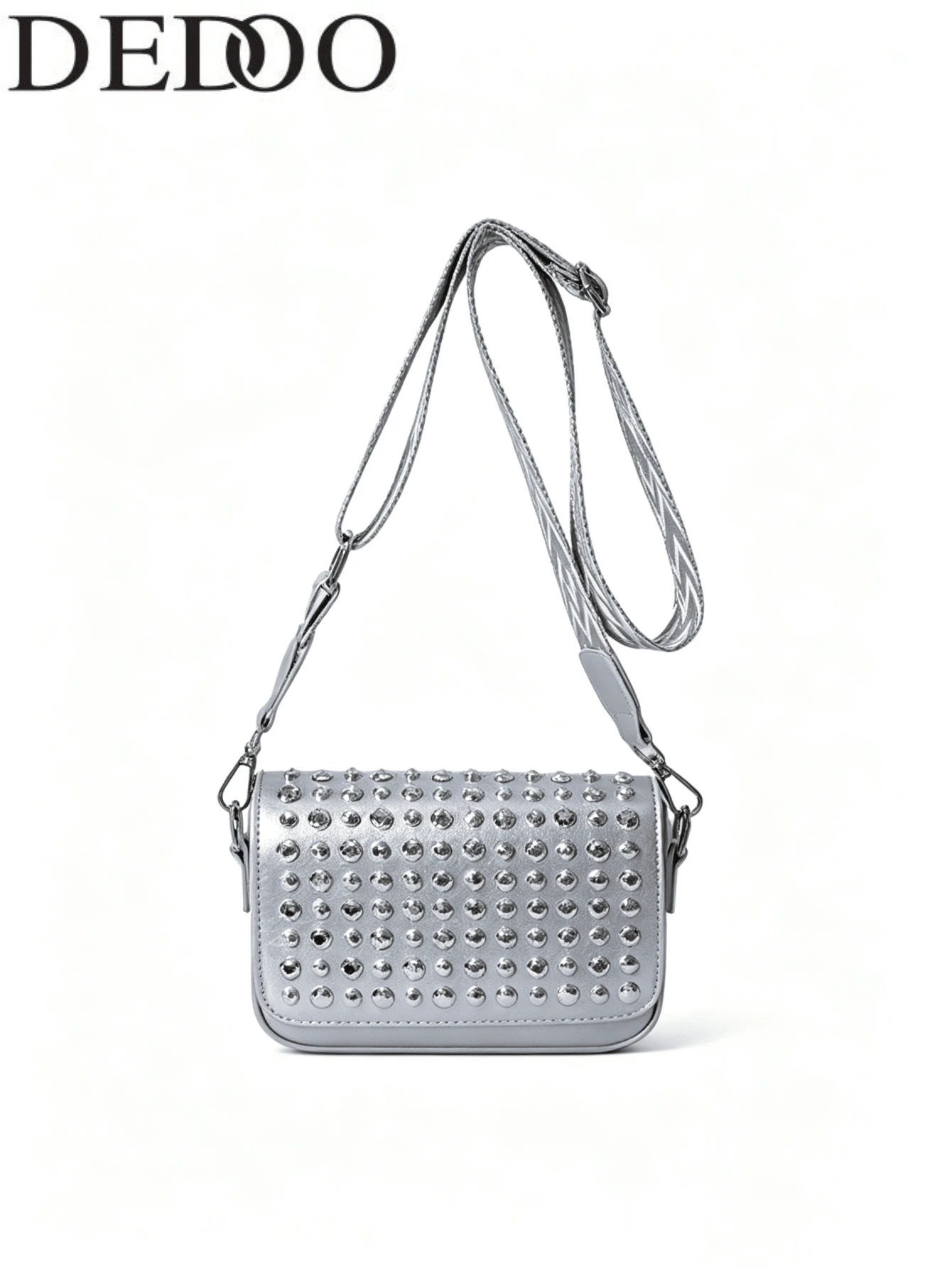 Dedoo Rhinestone Decor Faux Leather Rectangle Crossbody Bag, Wide Printed Adjustable Strap Glam Small Shoulder Purse Dating Party Daily Shopping