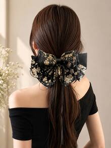 topshiny Black Floral Chiffon Bow Snap Hair Clip With Long Ribbon Tail, Elegant Chiffon Bow French Style Hair Clip, Ponytail Hair Accessory For Women - Black - View 4