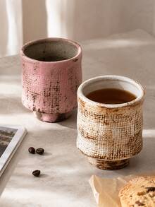 1pc Vintage Textured Ceramic Tea Cup, Japanese Retro Handmade Pottery Stoneware Handleless Coffee Cup, 200-220ml Small Espresso Latte Cappuccino Milk Water Cup, Suitable For Home Cafe Kitchen Office Breakfast Afternoon Tea Gift - Fabric-textured Disposable Cup - View 4