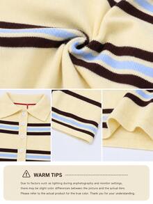 Women's Striped Polo Collar Short Sleeve Knit Top, American Retro Preppy Style Spring Summer Casual Shirt, Suitable For Daily Commute Wear Yellow - Yellow - View 5