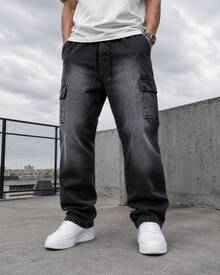Men's Graphite Cargo Jeans With Stonewashed Finish And Elastic Waistband – Comfortable Loose Fit Streetwear - 0326/01 - 查看 3