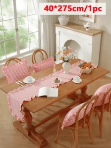 1/20PCS French Style Plaid Vintage Ruffle Edge Table Runner, Suitable For Living Room, Dining Room, Holiday Party, Family Gathering, Wedding Banquet, Birthday Table Decoration, Washable - Pink - View 10