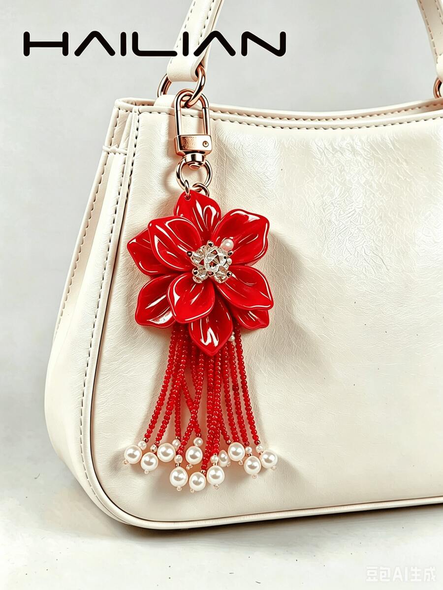 HAILIAN 1件波希米亞風白色花朵串珠流蘇包飾吊飾,可愛珍珠女款手提包掛飾 - 紅色 - 查看 1