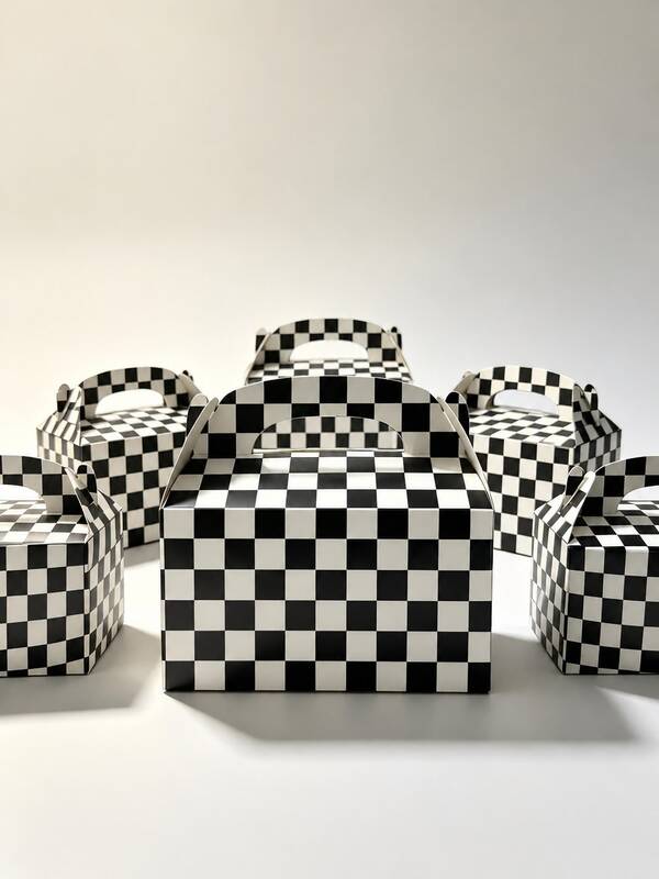 6/12PCS Black White Checkered Gift Boxes, Racing Theme Party Favor Boxes With Handles, DIY Candy Snack Boxes, Triangle Treat Boxes For Birthday Party Decorations, Kids Party Supplies, Christmas Halloween Decorations, Gift Bags For Candy Snacks