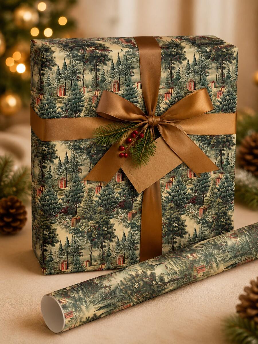 Gift Wrapping Paper, Vintage Watercolor Winter Pine Forest Scenery Pattern, Cuttable Gift Packing Paper For Christmas Winter Holiday Gifts - Forest - View 1