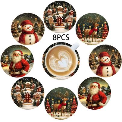 Merry Christmas Santa Claus, Snowman, Reindeer Element Design Wooden Anti-Slip Coasters, Home Kitchen Decor Accessories, Outdoor Garden Supplies, Suitable For Various Holiday Gatherings, Thanksgiving, Halloween, Day Of The Dead Decoration Gifts