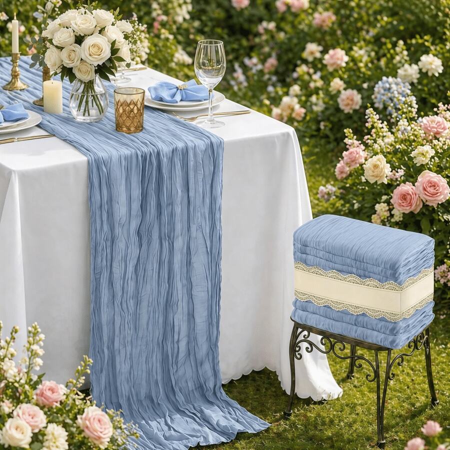 Camino de mesa plisado azul brumoso de 90*180cm, perfecto para decoración de mesa de comedor de fiesta de boda, aniversario de boda y suministros de fiesta de banquete, camino de mesa de gasa - neblina azul - Ver 1