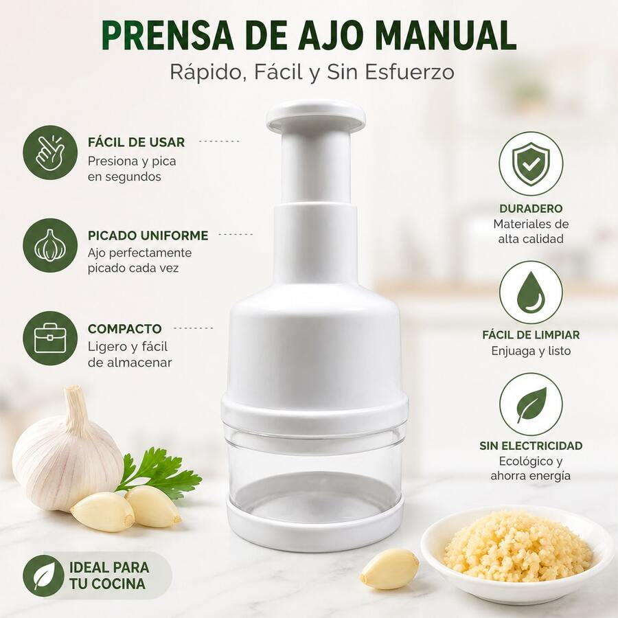 Picadora multifuncional de ajo y verduras: cuenta con un diseño manual de pulsador; es versátil y fácil de desmontar para su limpieza. - Blanco - Ver 1