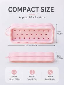 1pc Cute Back To School Pencil Case, Solid Color Perforated Round Holes & Wavy Edge Design, Rectangular Zipper Silicone Pencil Pouch With Carrying Loop, Large Capacity Stationery Storage Bag, Essential For Students Campus And Daily Use - Multicolor - View 3